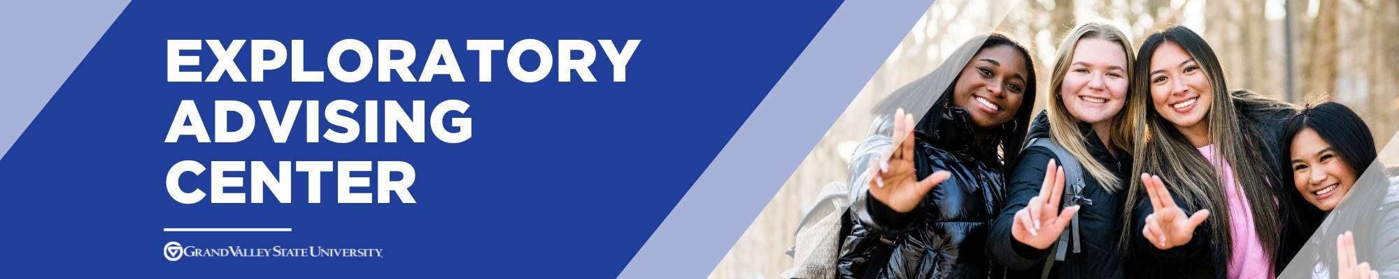 Four students smiling with Exploratory Advising Center Header